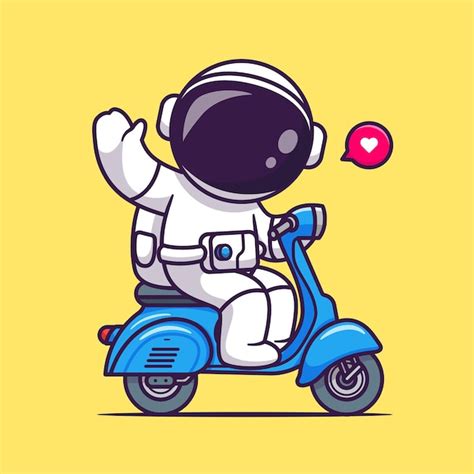 Lindo Astronauta Agitando La Mano En Scooter Cartoon Vector Icono Ilustración Ciencia Transporte