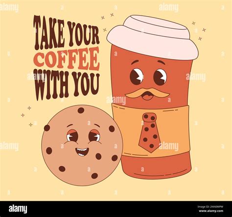 Cute Retro Characters Coffee In Paper Cup Takeaway And Chocolate Chip Cookies Vector