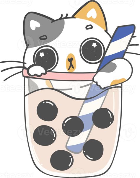 Kawaii Funny Bubble Tea Cat Lover Cute Boba Tea Kitten Cartoon Doodle