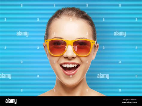 Happy Teenage Girl Or Woman Face In Shades Stock Photo Alamy