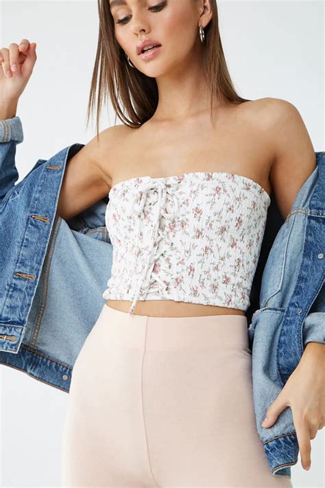 Smocked Lace Up Cropped Tube Top Forever 21 Tube Top Outfits