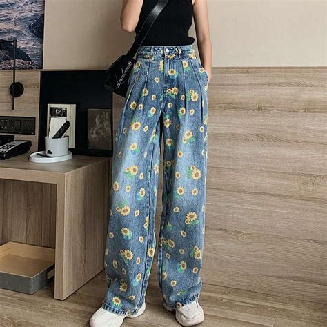 Shop Aesthetic Sunflower Print Jeans - Grunge Clothing Store