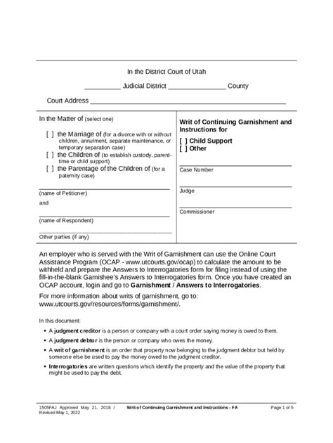 Writ Of Continuing Garnishment And Instructions Doc Template PdfFiller