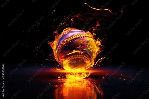 Softball Ball In Neon Fire Flames In Explosion On Dark Glossy