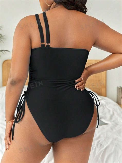 Shein Swim Curve Summer Beach Plus Drawstring Side Cut Out One Shoulder