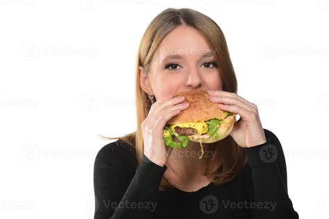 Portrait Of A Beautiful Funny Young Girl Eating Hamburger 15986213