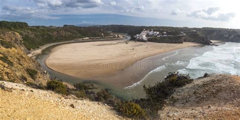 Panoramic View Of Praia De Odeceixe Mar Surfer Beach With Golden Sand