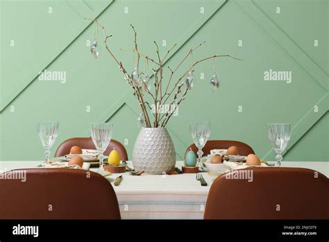 Festive Dining Table With Eggs And Pussy Willow Branches Served For