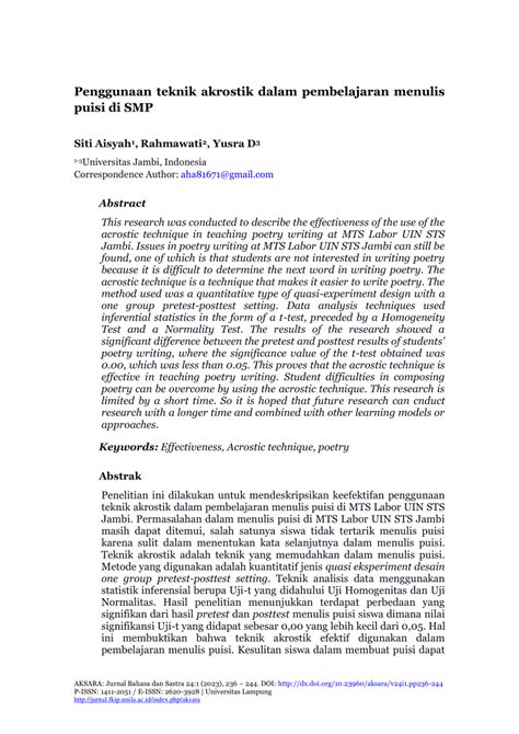 Pdf Penggunaan Teknik Akrostik Dalam Pembelajaran Menulis Puisi Di Smp