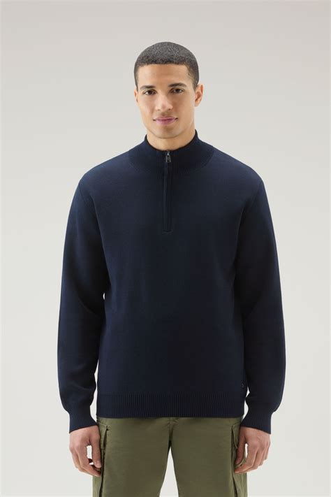 Men S Turtleneck Sweater With Half Zip Blue Woolrich GB