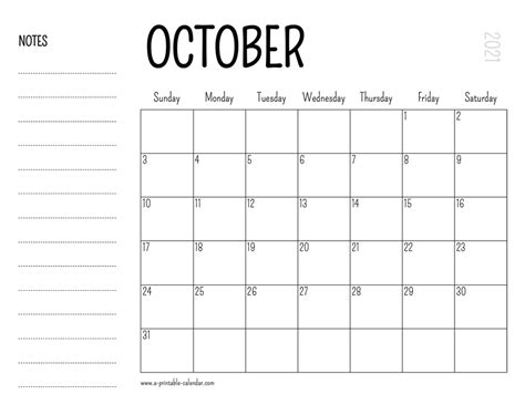 October 2021 Printable Calendar - A Printable Calendar