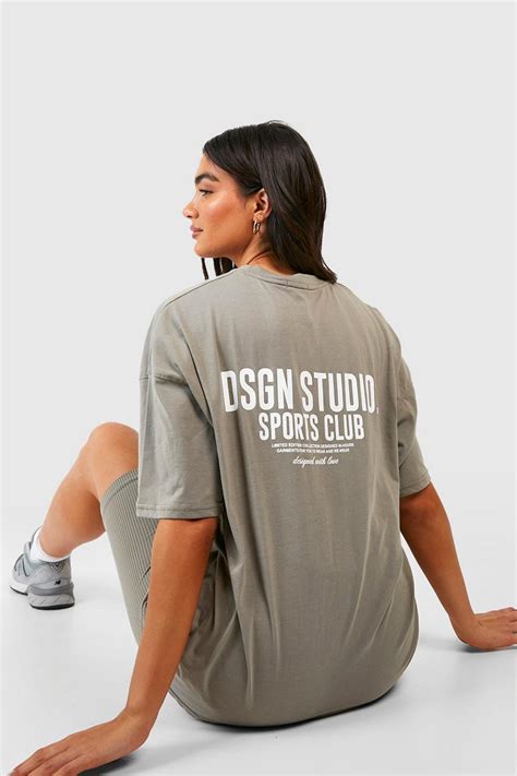 Washed Khaki Sports Club Slogan Oversized T Shirt Boohoo Uk