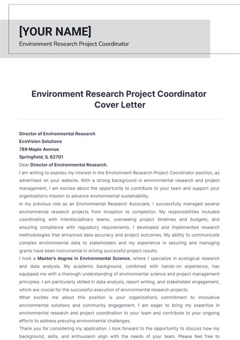 Free Environment Research Project Coordinator Cover Letter Template To