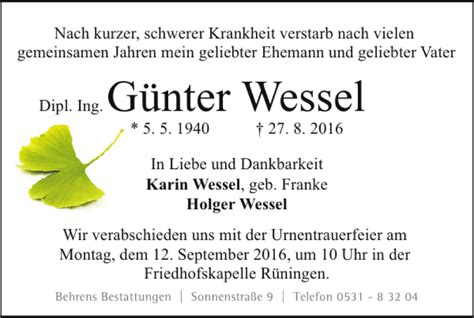 Traueranzeigen Von G Nter Wessel Trauer De