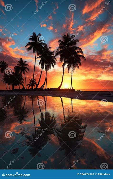 Playa Tropical Con Siluetas De Palmeras Contra El Cielo Stock De