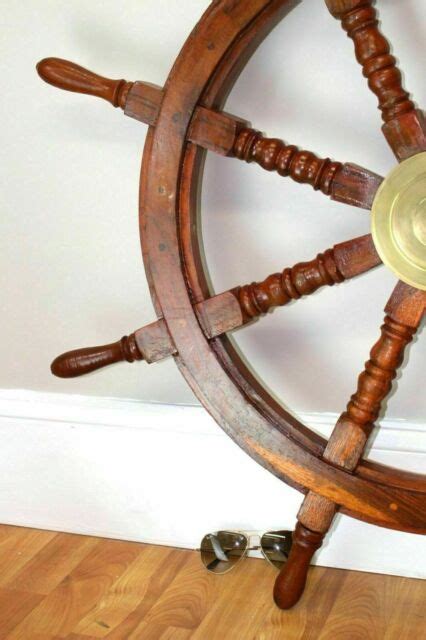 Large Boat Ship Wooden Steering Wheel Brass Center Nautical Wall Decor