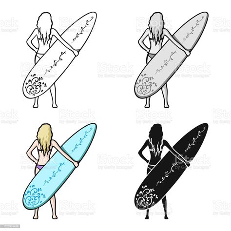 Vetores De Menina Está Segurando Um Ícone De Prancha De Surf Em Estilo Cartoon Isolado No Fundo