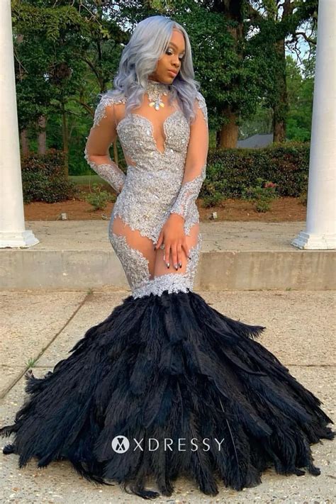 Silver Lace Black Feather Sheer Trumpet Prom Dress Xdressy