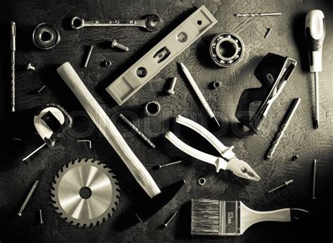 Set Of Tools And Instruments On Black Stock Image Colourbox