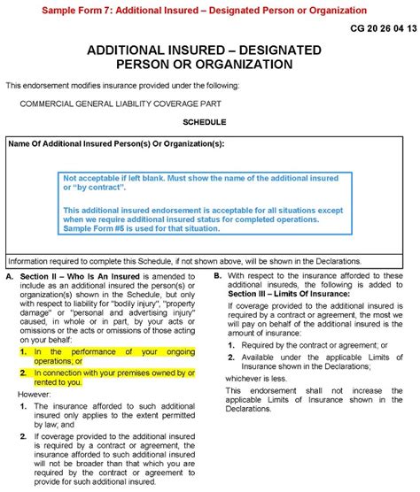 Sample Form 7 Additional Insured Designated Person Or Organization