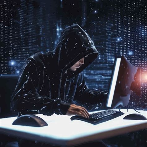 Premium Vector Hacker In Black Hoodie With Laptop In Dark Room