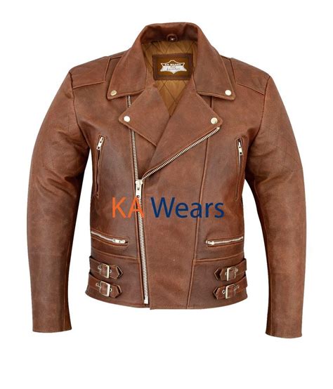 Mens Classic Leather Brando Jacket Biker Motorbike Motorcycle Vintage