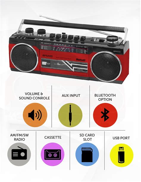 Riptunes Retro Am Fm Sw Radio Cassette Boombox With Bluetooth And Usb Sdhc Playback Red