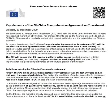 中欧全面投资协定核心内容 附中英双语版 知乎