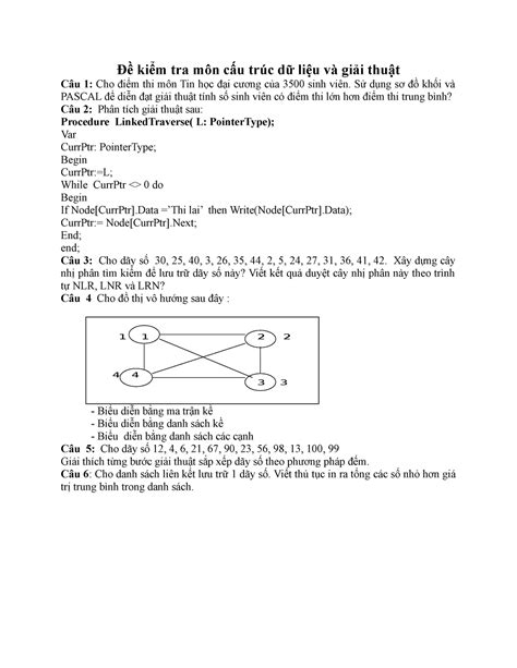 De kiem tra đề kiểm tra môn cấu trúc dữ liệu và giải thuật Đề kiểm