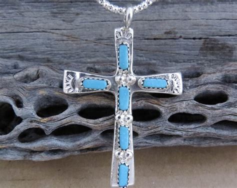 Zuni Native American Sterling Silver Turquoise Cross Necklace Etsy