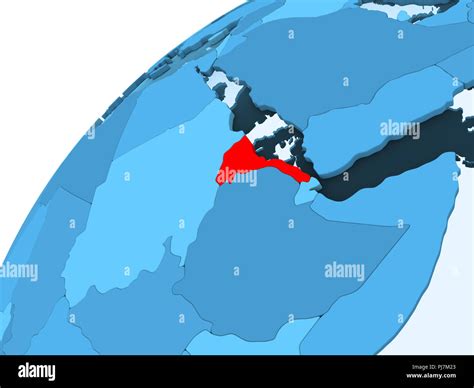 Eritrea In Red On Blue Model Of Political Globe With Transparent Oceans