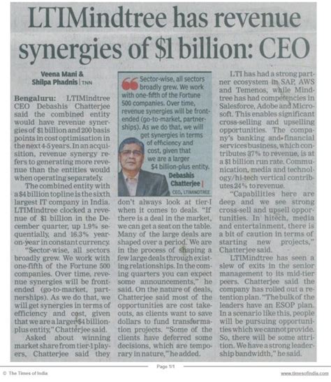 Ltimindtree Has Revenue Synergies Of Billion Ceo