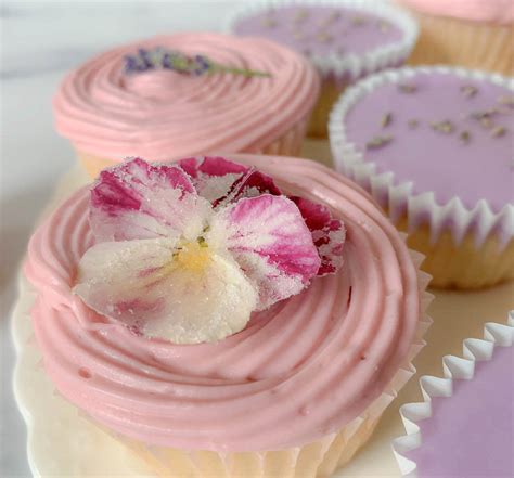 Sweet Lavender Cupcakes With Sugared Flowers And A Honeyed Cream Cheese