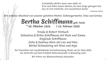 Traueranzeigen Von Bertha Schiffmann WirTrauern