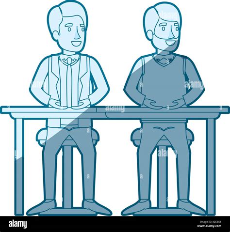 Blue Color Silhouette Shading Of Men Sitting In Desk One With Casual