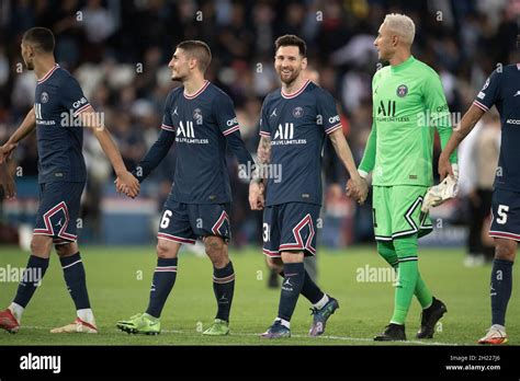 Marco Verratti Lionel Messi And Keylor Navas Of Paris Saint Germain Psg At The End Of Uefa