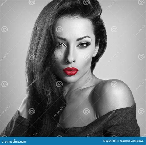 Beautiful Brunette Make Up Woman With Red Lipstick Looking Stock Image