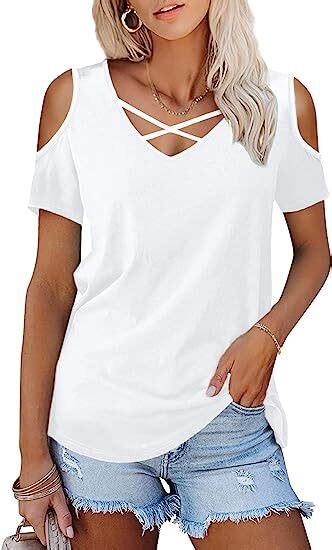 Amoretu Womens Tops With Short 3 4 Sleeve V Neck Criss Cross