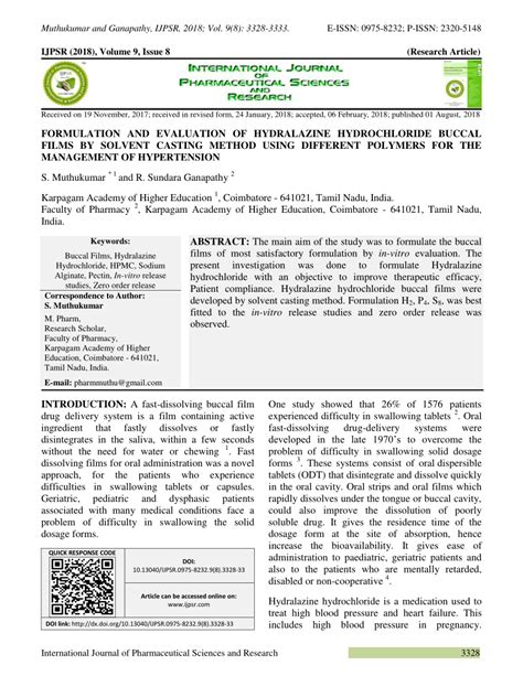 PDF Formulation And Evaluation Of Hydralazine Hydrochloride Buccal