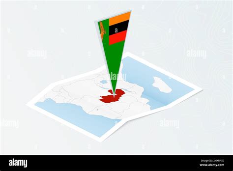 Isometric Paper Map Of Zambia With Triangular Flag Of Zambia In