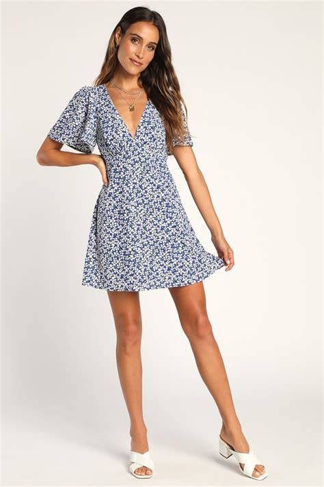 Blue Floral Print Dress Flutter Sleeve Dress Mini Dress Lulus