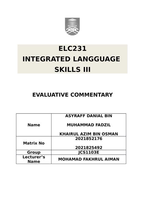 ELC231 Evaluative Commentary ELC INTEGRATED LANGGUAGE SKILLS III