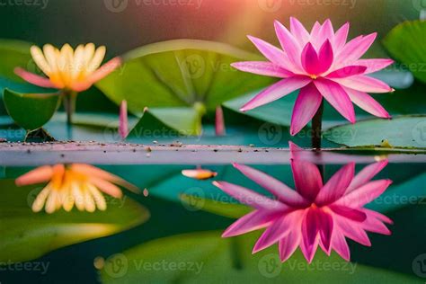 Two Pink Lotus Flowers Are Reflected In The Water Ai Generated