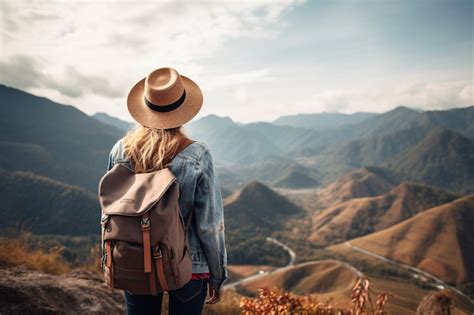 Mujer Viajera Con Mochila Sosteniendo Sombrero Y Mirando Monta As