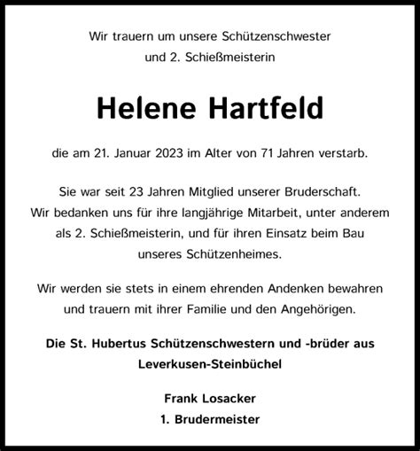 Traueranzeigen Von Helene Hartfeld Wirtrauern