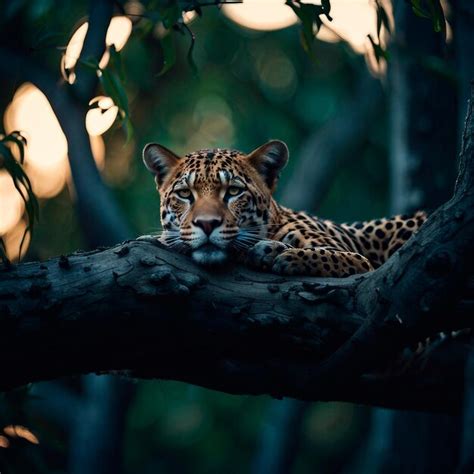 Premium AI Image | jaguar resting on a big branch in the forest f