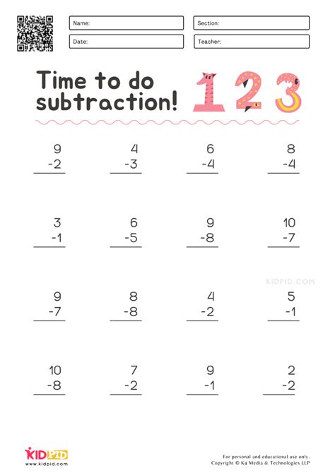 Single Digit Subtraction Worksheets For Grade Kidpid