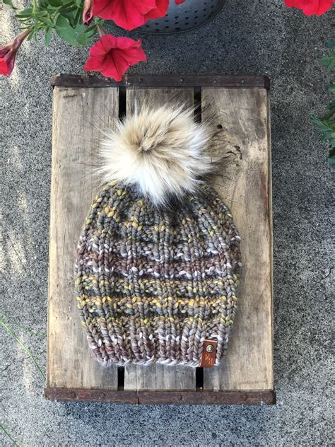 Urban Camo Hand Knit Beanie Wool Blend Faux Fur Pom Pom Hat Croch