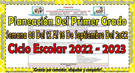 Planeación Del Primer Grado De Primaria De La Semana 03 Del 12 Al 16 De Septiembre Del Ciclo