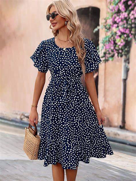 SHEIN Clasi Allover Print Belted Ruffle Hem Dress SHEIN USA